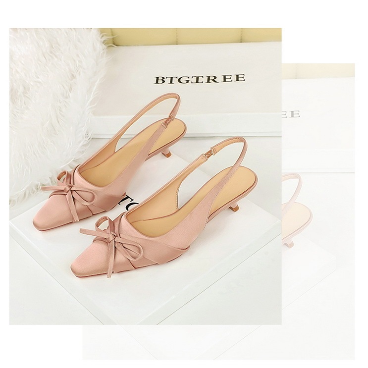 Giày cao gót mũi nhọn lụa satin thắt nơ quai hậu nữ tính — Màu đen, Màu đỏ rượu, Màu sâm panh