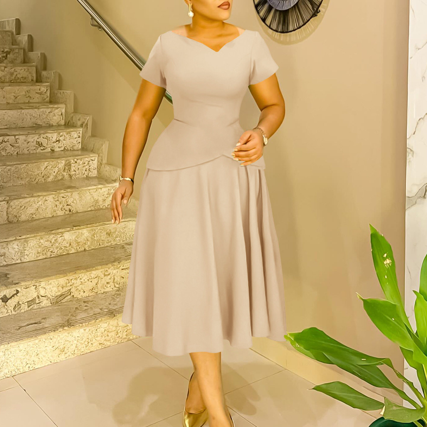 Summer A Line Dress Solid Color V Neck Short Sleeve Flowy Design Casual Wear for Women Wholesale Available