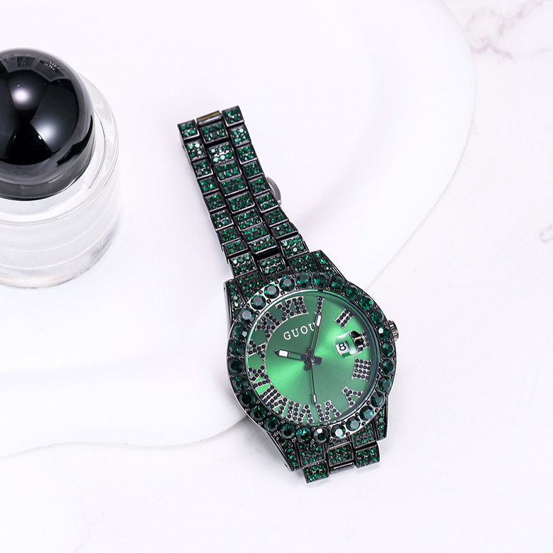 GUOU colored diamond hip hop roman numeral calendar diamond watch personality large dial star luxury steel band watch