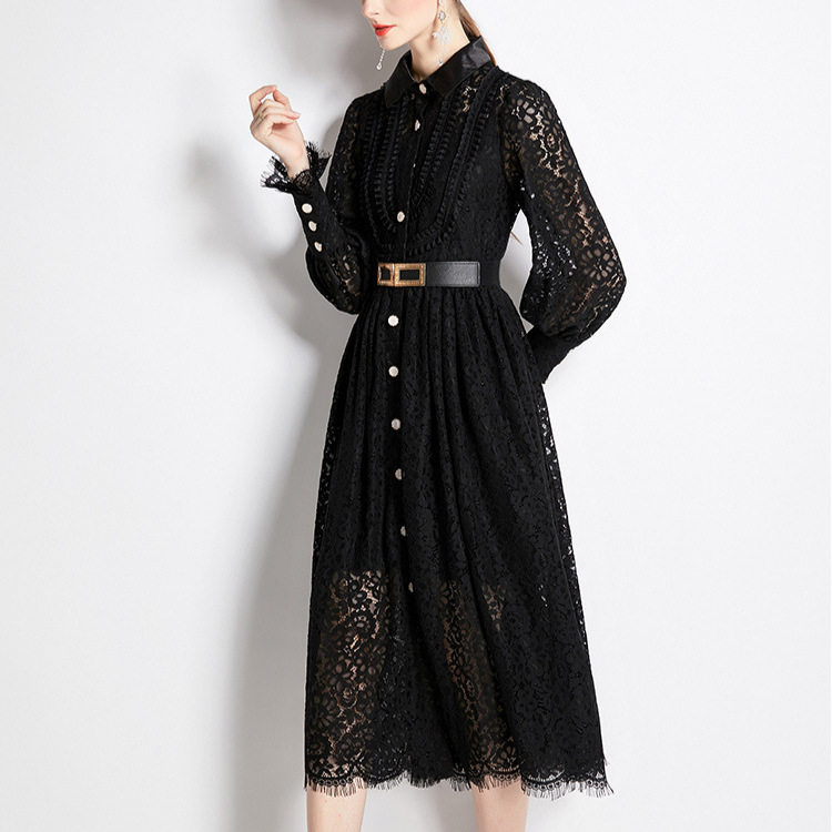 French Lace A Line Dress Embroidered Hollow Out Long Sleeve Knee Length Elegant Style Perfect for Spring and Autumn