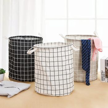 Household Fabric Laundry Basket Storage Bin Round Cotton and Linen Dirty Clothes Basket Toy Miscellaneous Items Grid Storage Foldable Laundry