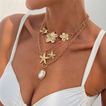 European and American Cross-Border Jewelry Ins Style Starfish Pearl Flower Necklace Set Conch Scallop Flat Snake Chain Necklace Set