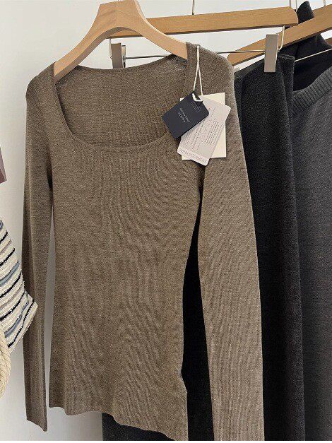 100%美丽诺羊毛方领针织衫修身显瘦薄款长袖上衣气质通勤打底衫女