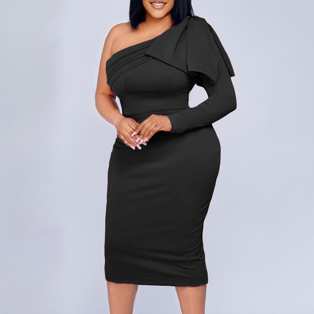 Plus Size Womens Dress Asymmetrical Neckline Solid Color Fashionable Bodycon Style Perfect for Parties or Events