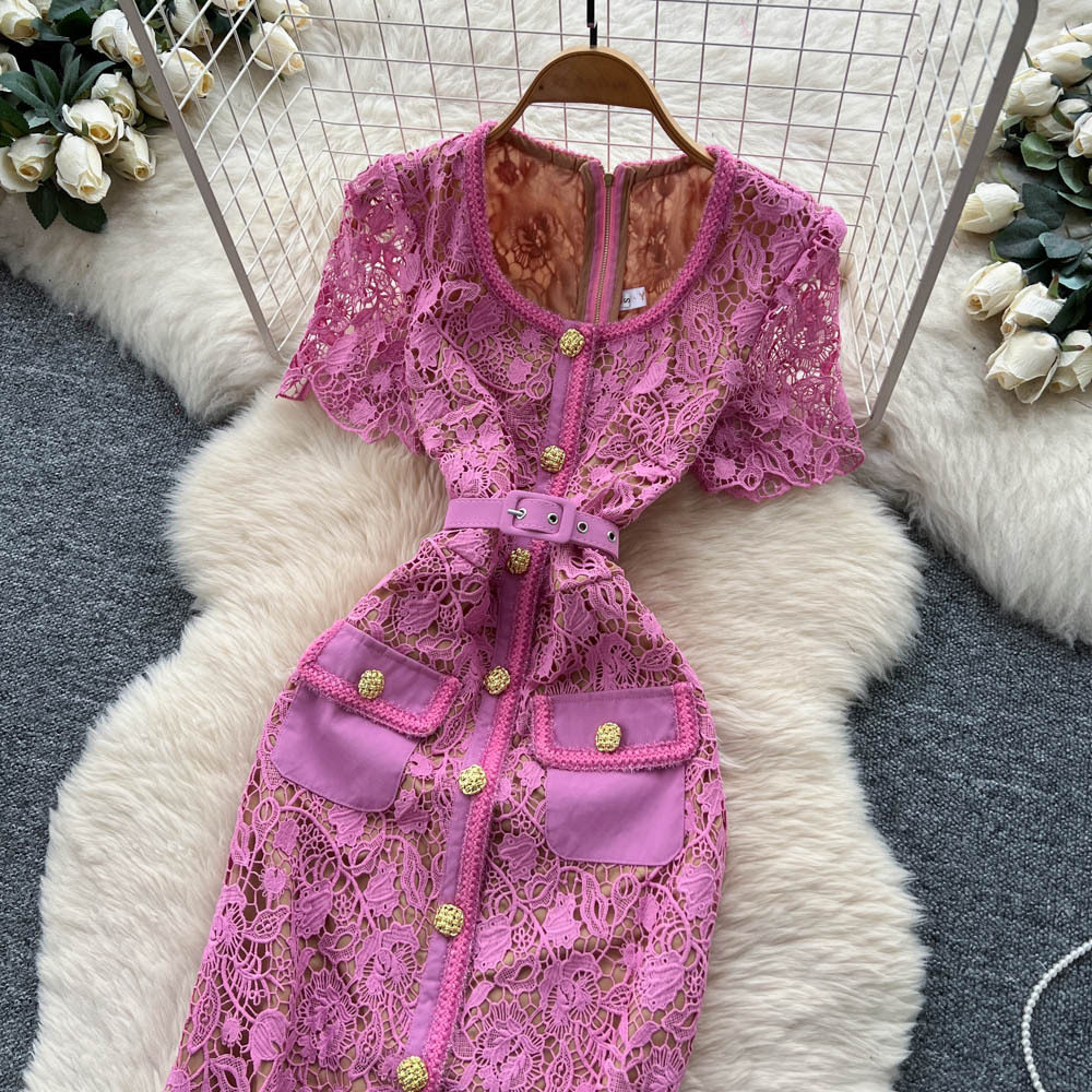 Lace A Line Dress Elegant Hollow Design Square Neck Metal Buckle Slim Fit Summer Cocktail or Evening Wear
