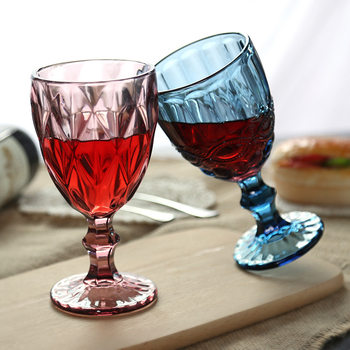 Cross-Border Wholesale European Style Embossed Red Wine Glass Colored Glass Beverage Cup Thickened Juice Milk Cup Wedding Goblet