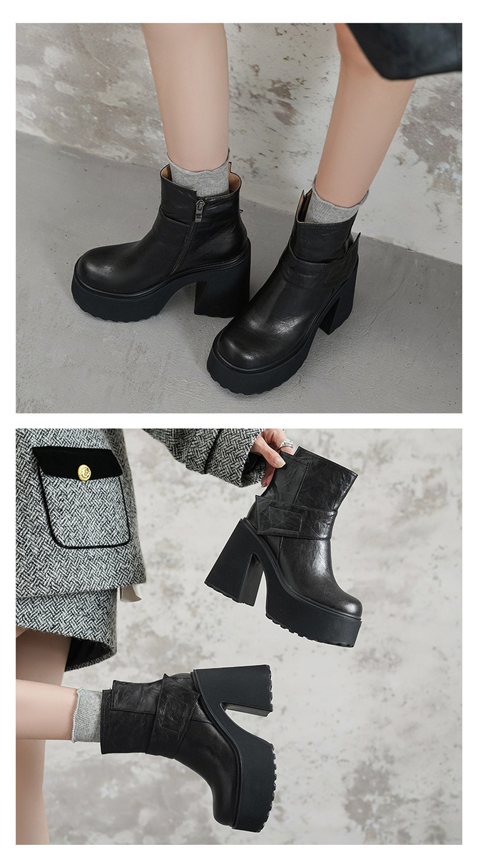 Boot nữ da cừu gót thô đế dày tăng chiều cao khóa kéo bên hông — Lớp lót đơn màu đen, Lớp lót đơn màu nâu, Lót nhung đen, Lót nhung màu nâu