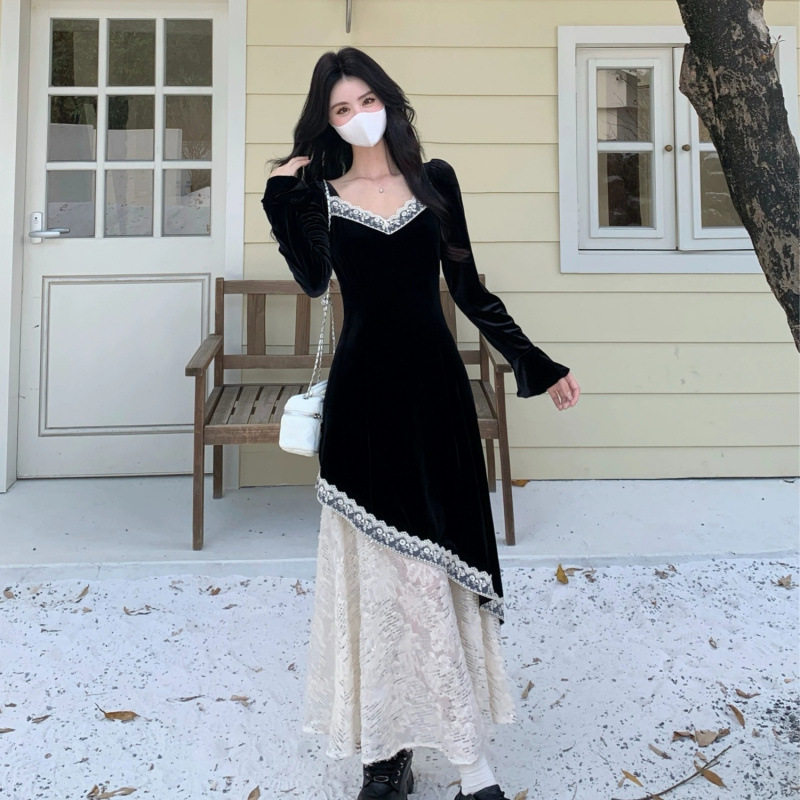plus size Fat Hepburn Style Black Velvet dress Design Sense Lace Stitching  Gentle Style Slim Look Long Dress for Children | MoveOn | Connecting  Cross-Border Trade