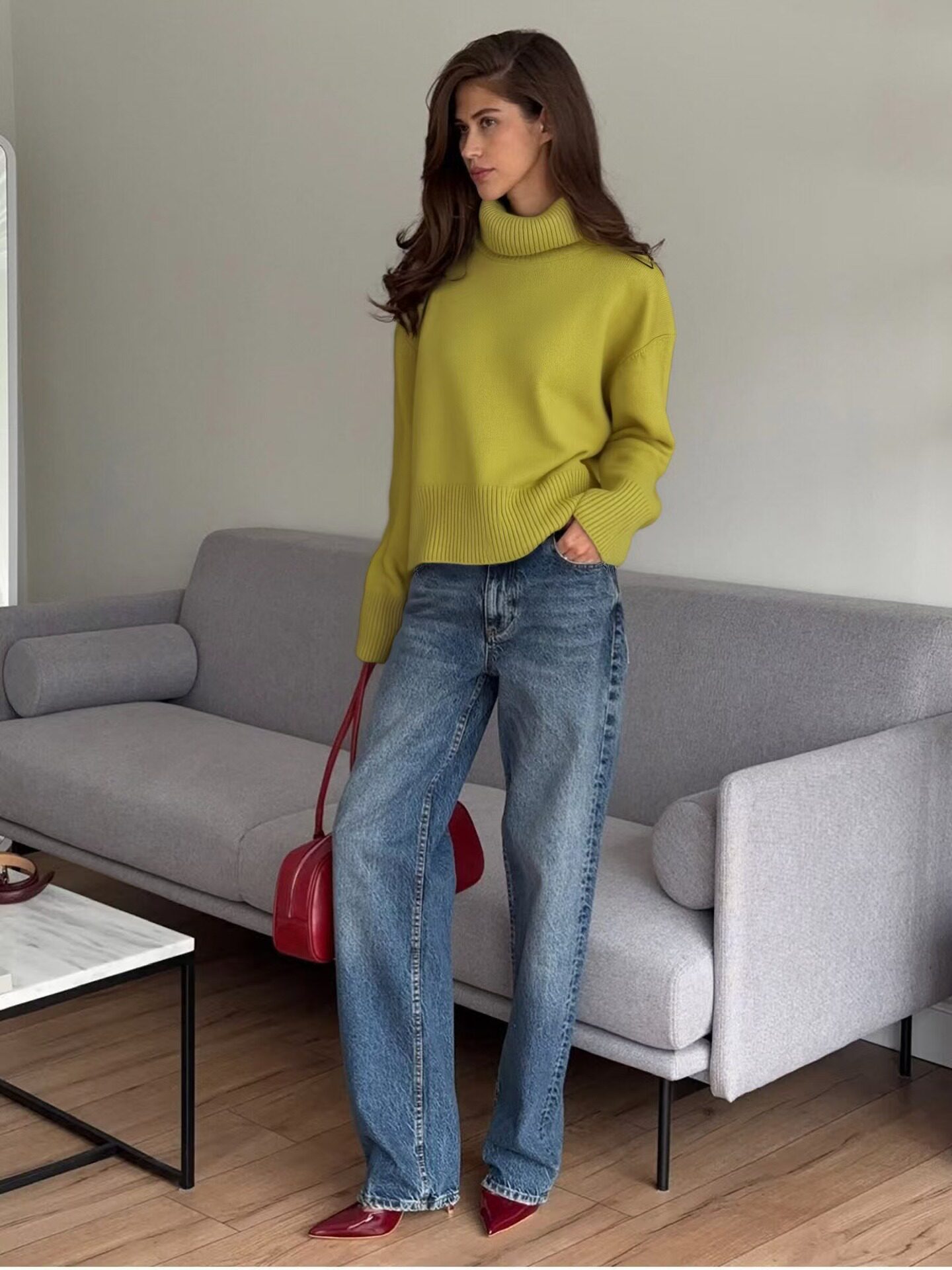 Womens Chunky Knit Sweater Solid Color Turtleneck Loose Fit Casual Autumn Winter Top Wholesale Available