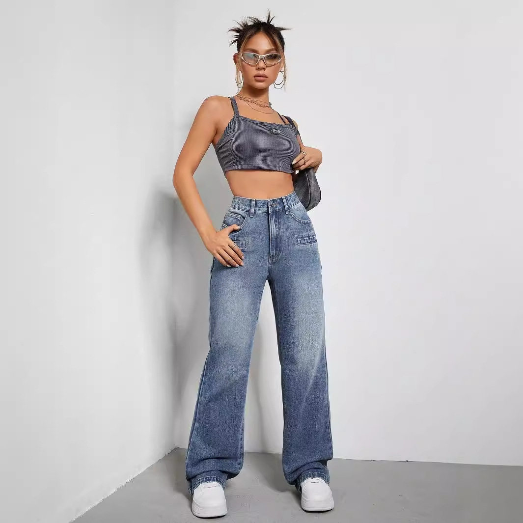High Waisted Denim Trousers Casual Chic Style Versatile Fit European and American Fashion Wholesale Available