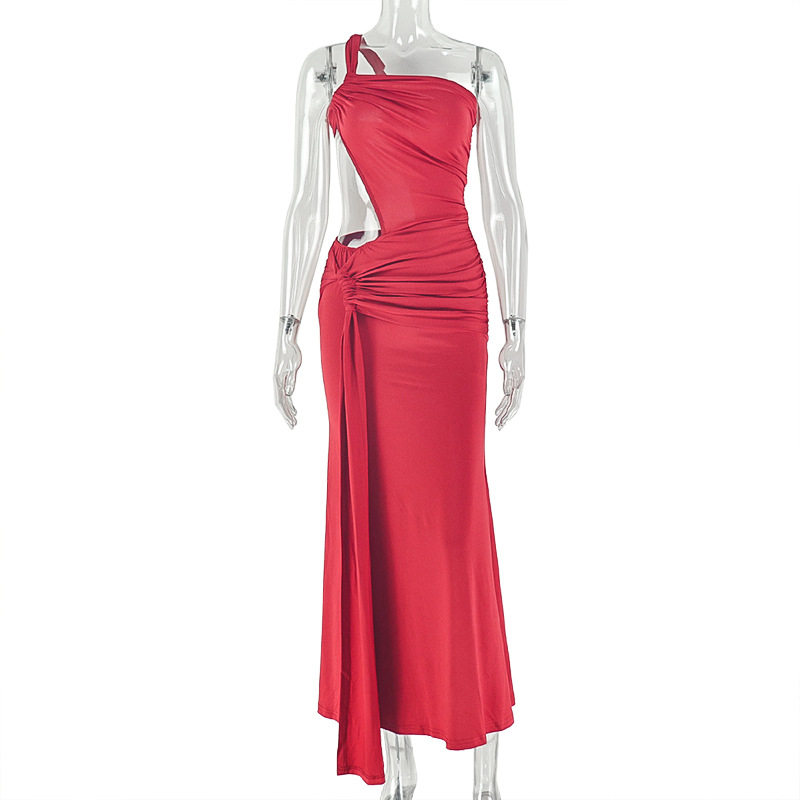 Elegant Womens Bodycon Dress Solid Color Asymmetrical One Shoulder Hollow Out Design Perfect for Parties and Events