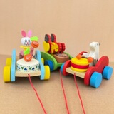 Ребенок тащит игрушку для малышей, деревянное мультяшное животное, тянущий автомобиль, головоломка для раннего детского образования, кролик, медведь, тянущий автомобиль, оптовая продажа
