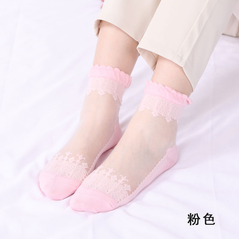 春季薄款中筒袜棉底玻璃丝袜子女蕾丝花边短款袜子防滑透气水晶袜