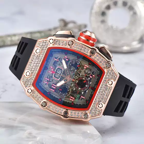 Factory Direct Supply of Foreign Trade Popular European and American Diamond-Encrusted Quartz Six-Pin Running Seconds Barrel-Shaped Hollow Ghost Head Business Calendar