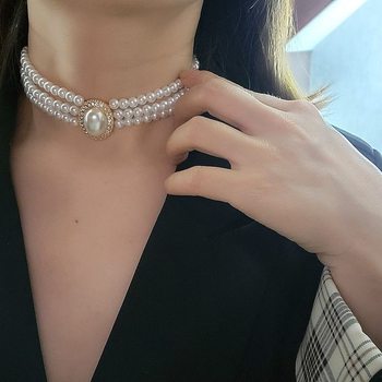 Pearl Necklace French Retro Multi-layer Pearl Necklace Oval Flash Diamond Clavicle Chain Necklace Hepburn Style Jewelry for Women