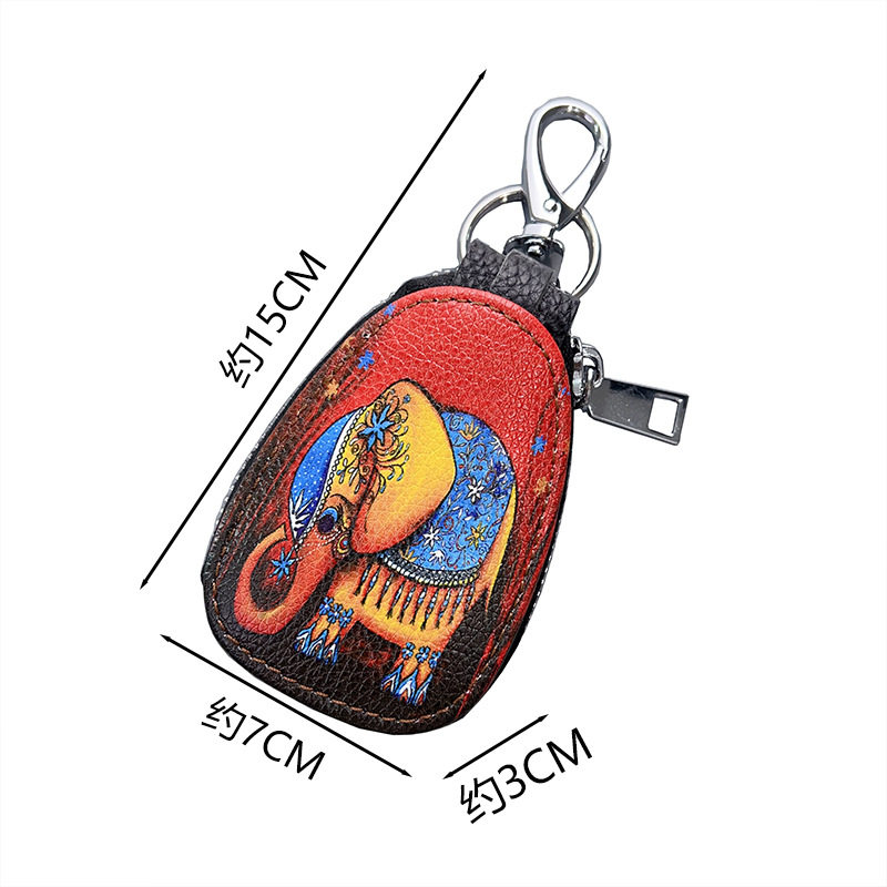 2023 New genuine leather women's key case retro ethnic style fashion zipper ornaments car key color printing women's bag