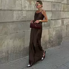 European and American Cross-border Sexy Spice Girl Long Slip Dress Women's Satin Draped Lace-up Shoulder Sleeveless High Waist dress