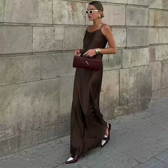 European and American Cross-border Sexy Spice Girl Long Slip Dress Women's Satin Draped Lace-up Shoulder Sleeveless High Waist dress