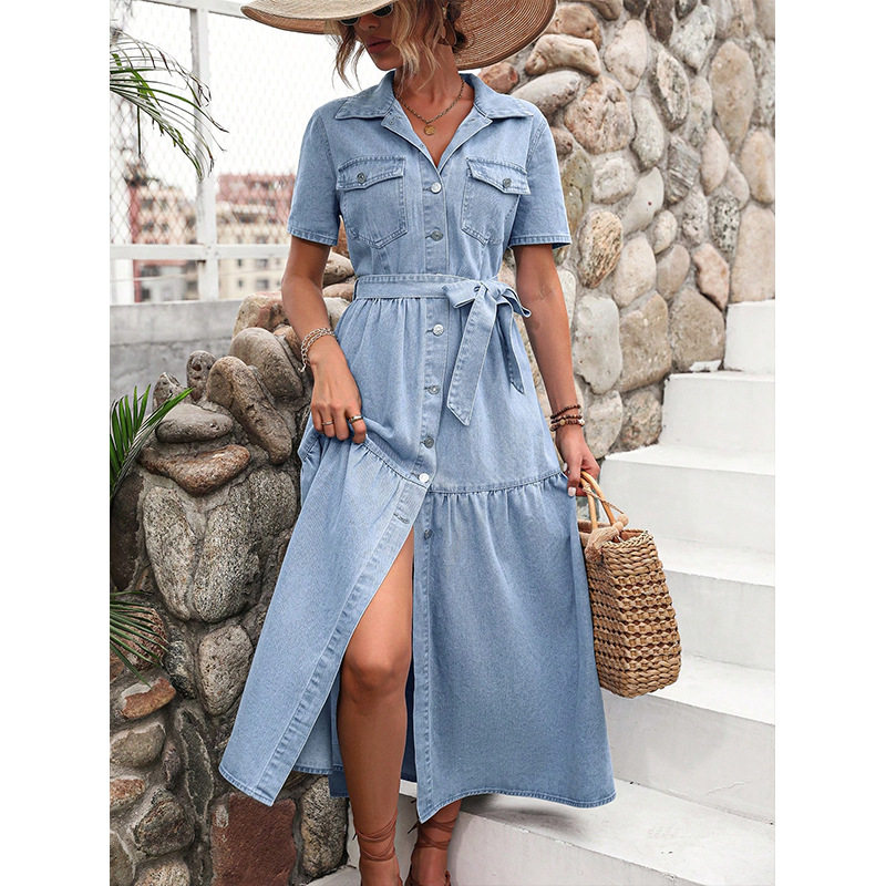 Elegant V Neck Denim Dress Womens Fashion European and American Style Chic Design Perfect for Casual Outings
