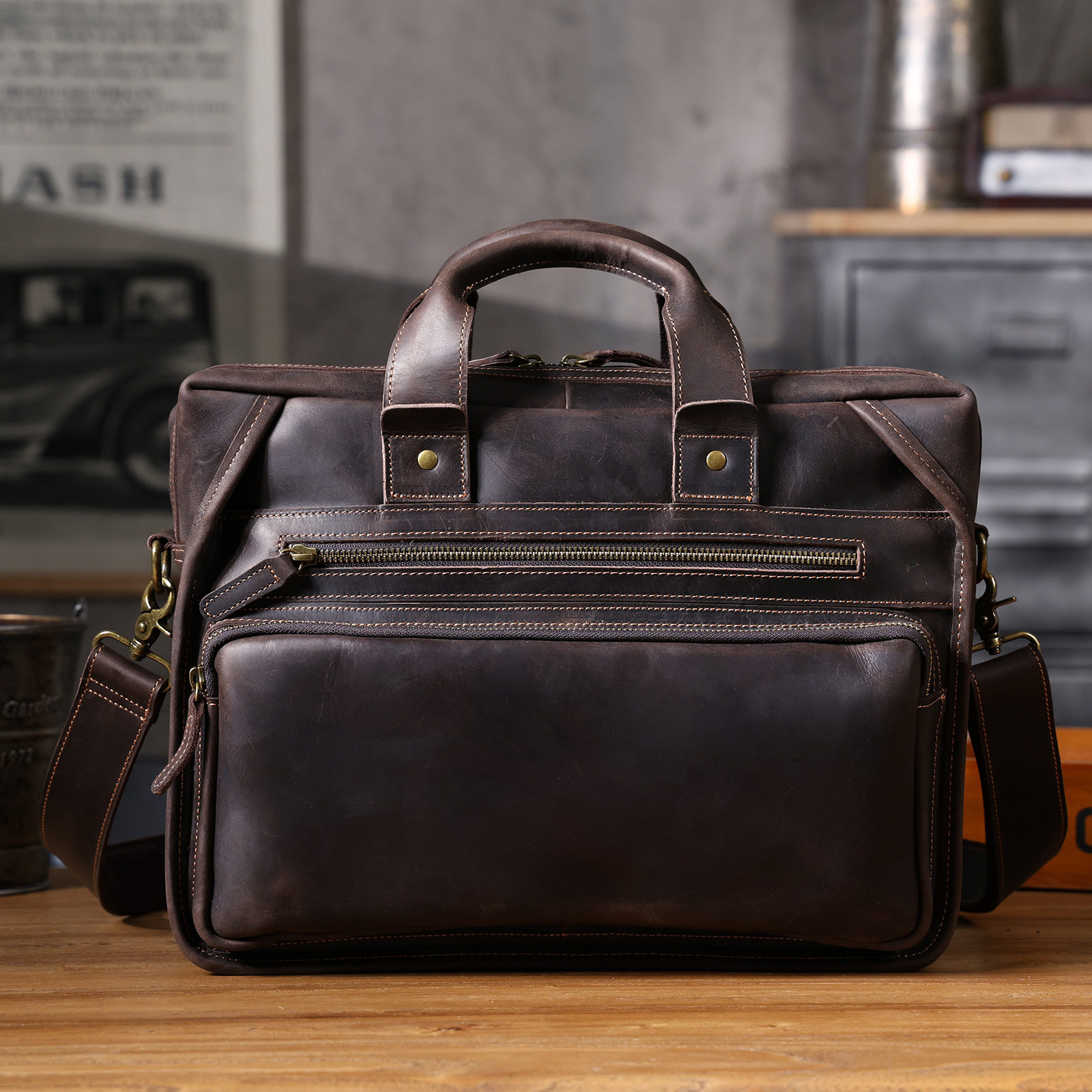 Túi Xách Tay Nam Da Bò Công Sở Đựng Laptop Vintage Màu Nâu