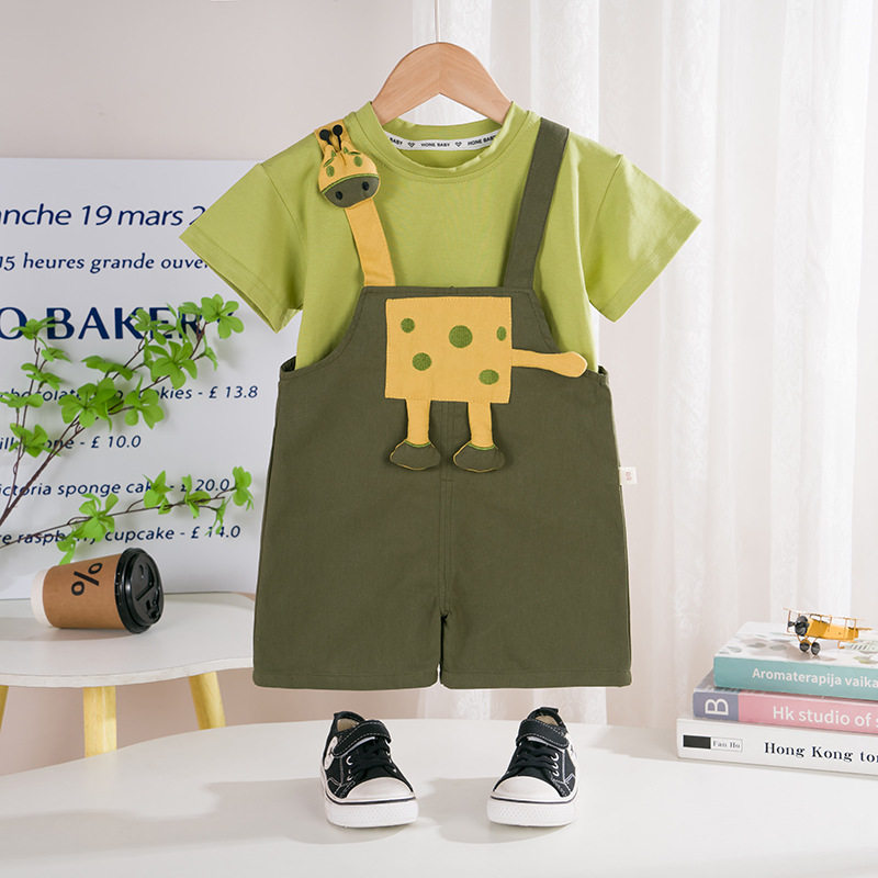 children's loose baby summer overalls for boys and girls, cartoon cute short-sleeved suit, two-piece set