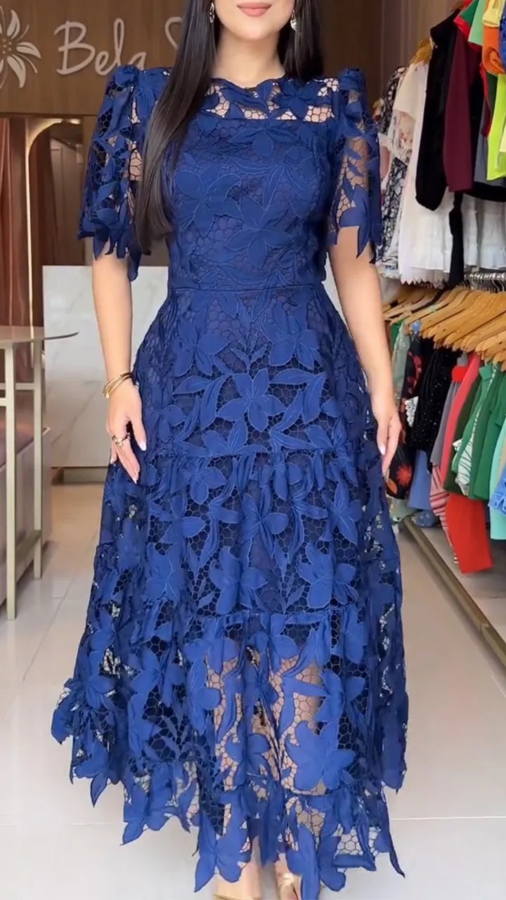 Summer Womens Lace Dress Elegant Hollow Design Round Neck Short Sleeve Perfect for Parties and Events Wholesale