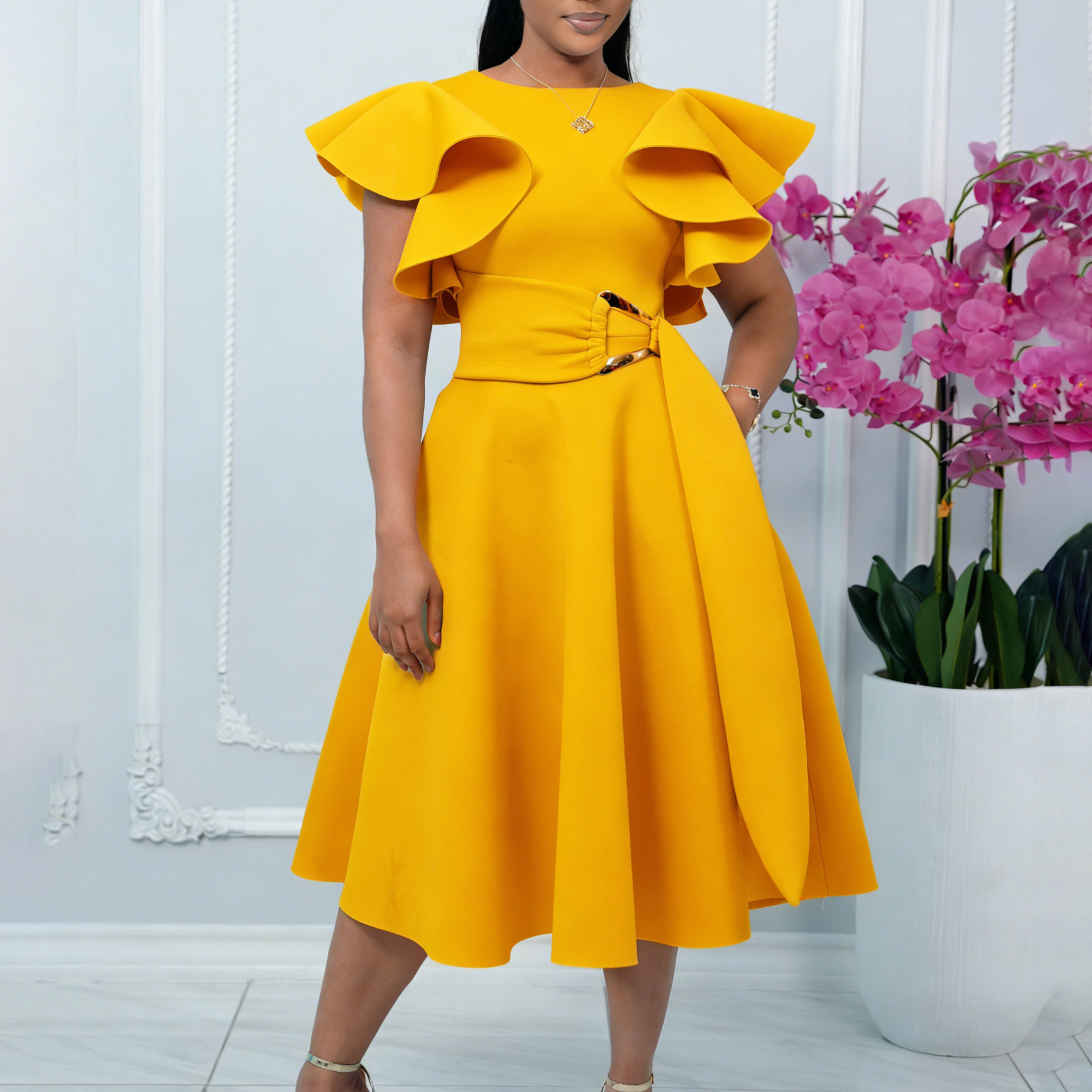 Elegant Ruffled Sleeve Waist Tie Dress Summer Fashion Perfect for Parties and Special Occasions Wholesale Available