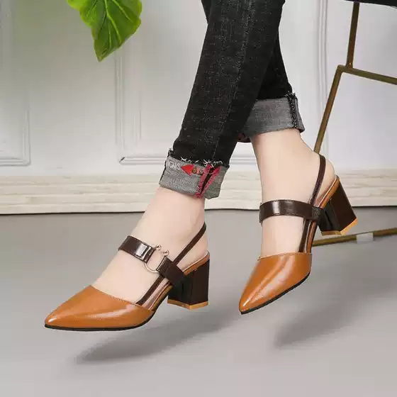 Foreign Trade plus size 2025 Women's Shoes Spring New Pointed Simple Buckle Sandals Women's Design Thick High Heeled Sandals