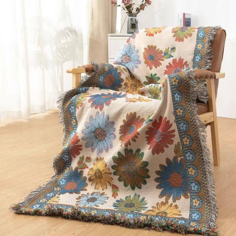 New Multifunctional Line Blanket, Sofa Towel, Double-Sided Sofa Blanket, Backrest, Bay Window Blanket, Cushion, Universal for All Seasons, Flowers Bloom and Wealth
