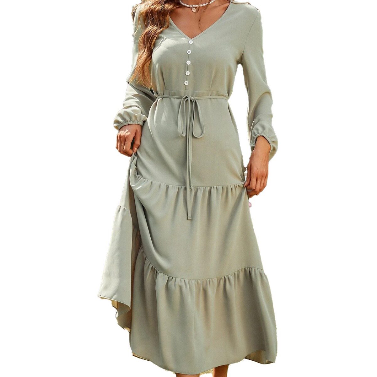 Casual Loose Fit Long Sleeve Ruffle Hem Dress Waist Defined Elegant Style Spring Summer Collection Wholesale Available