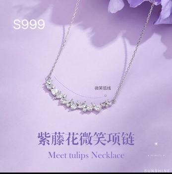 s999 sterling silver wisteria flower zircon necklace Women's Light luxury niche design sense smile clavicle chain 2023 New explosion