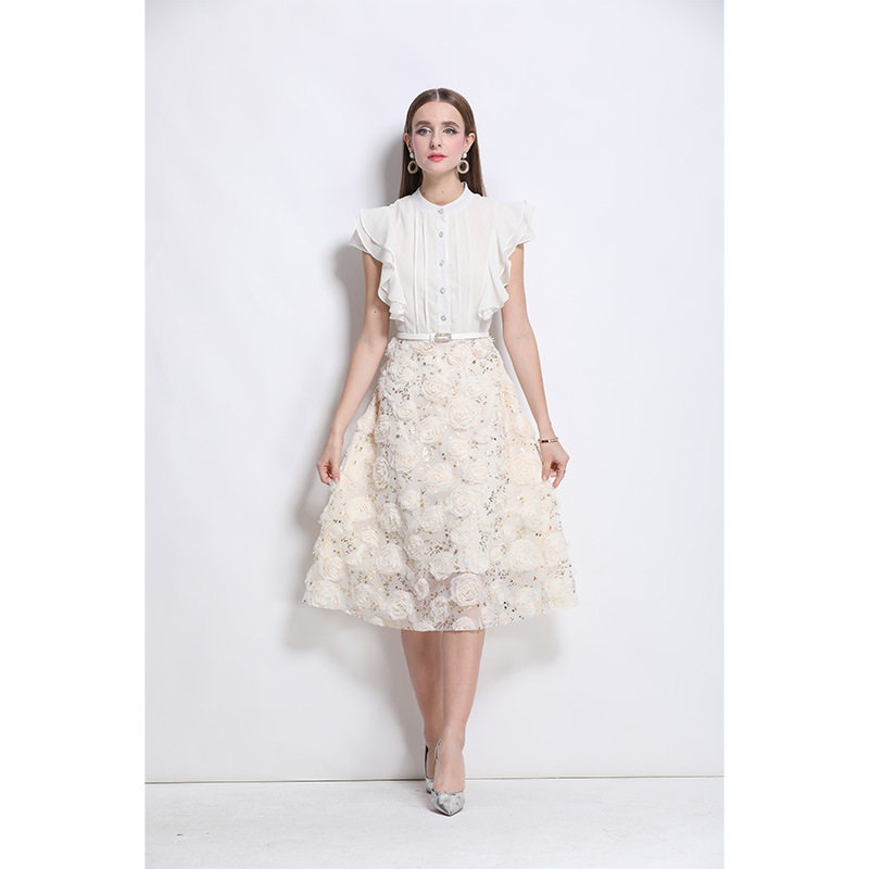 Elegant Midi Dress for Women French Style Floral Embellishments Waist Cinching Short Sleeves Perfect for Summer