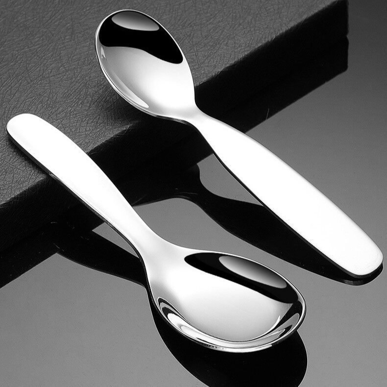 Cross-Border 304 Stainless Steel Kidsren's Spoon and Fork Baby Short Handle Food Supplement Tableware Eating Spoon Wide Handle Flats Spoon
