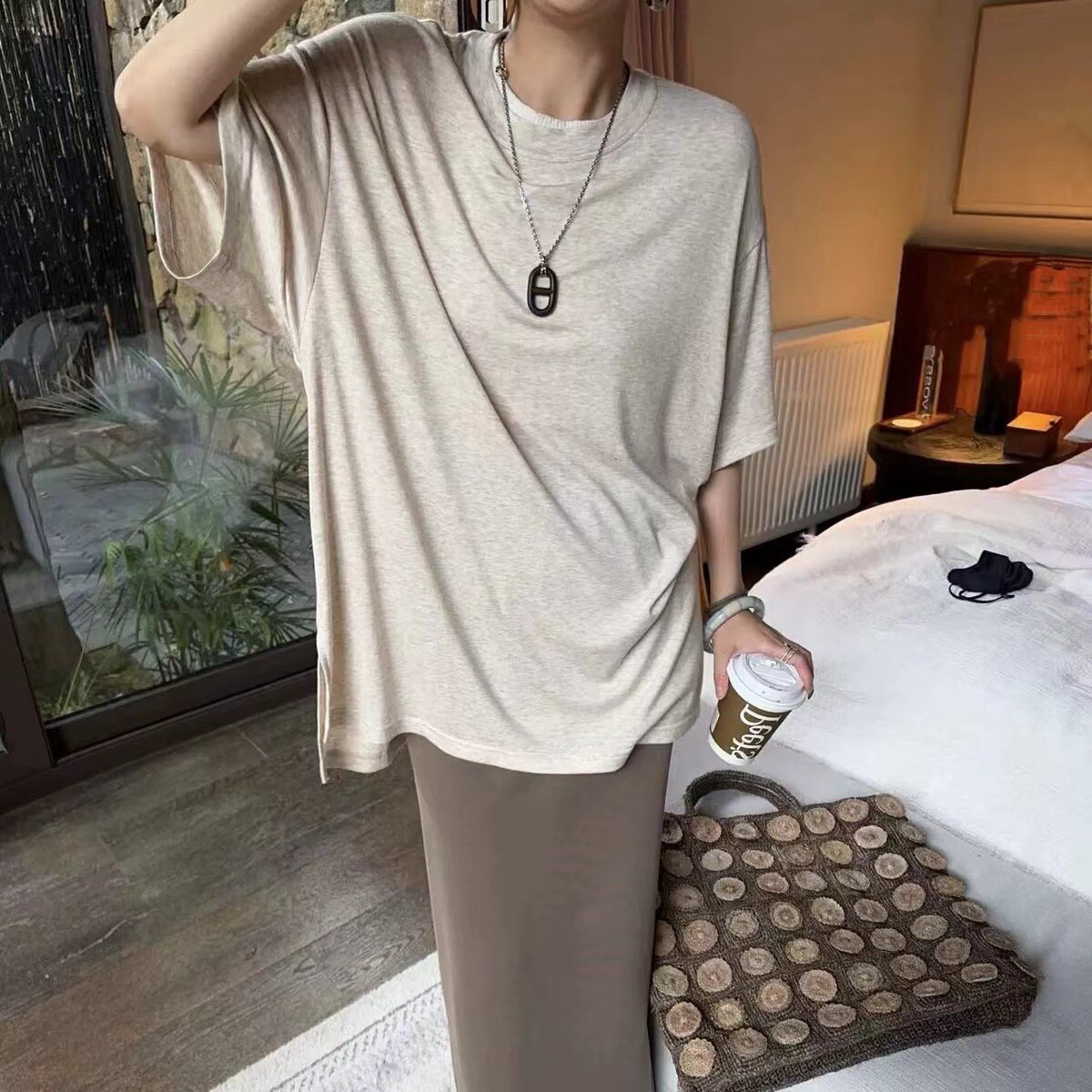 Áo thun nữ cổ tròn tay ngắn dáng rộng phong cách Hàn Quốc — Màu xám nhạt, chất lượng cao, Màu yến mạch, Xám nâu đậm