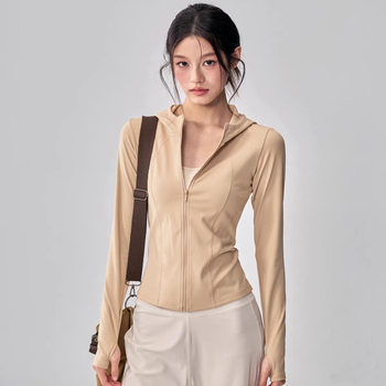 Autumn and Winter Fleece Yoga Jacket with Hood, Slim-Fit Jacket, Pilates Training Top, Warm Fitness Sports Tight-Fitting Clothing