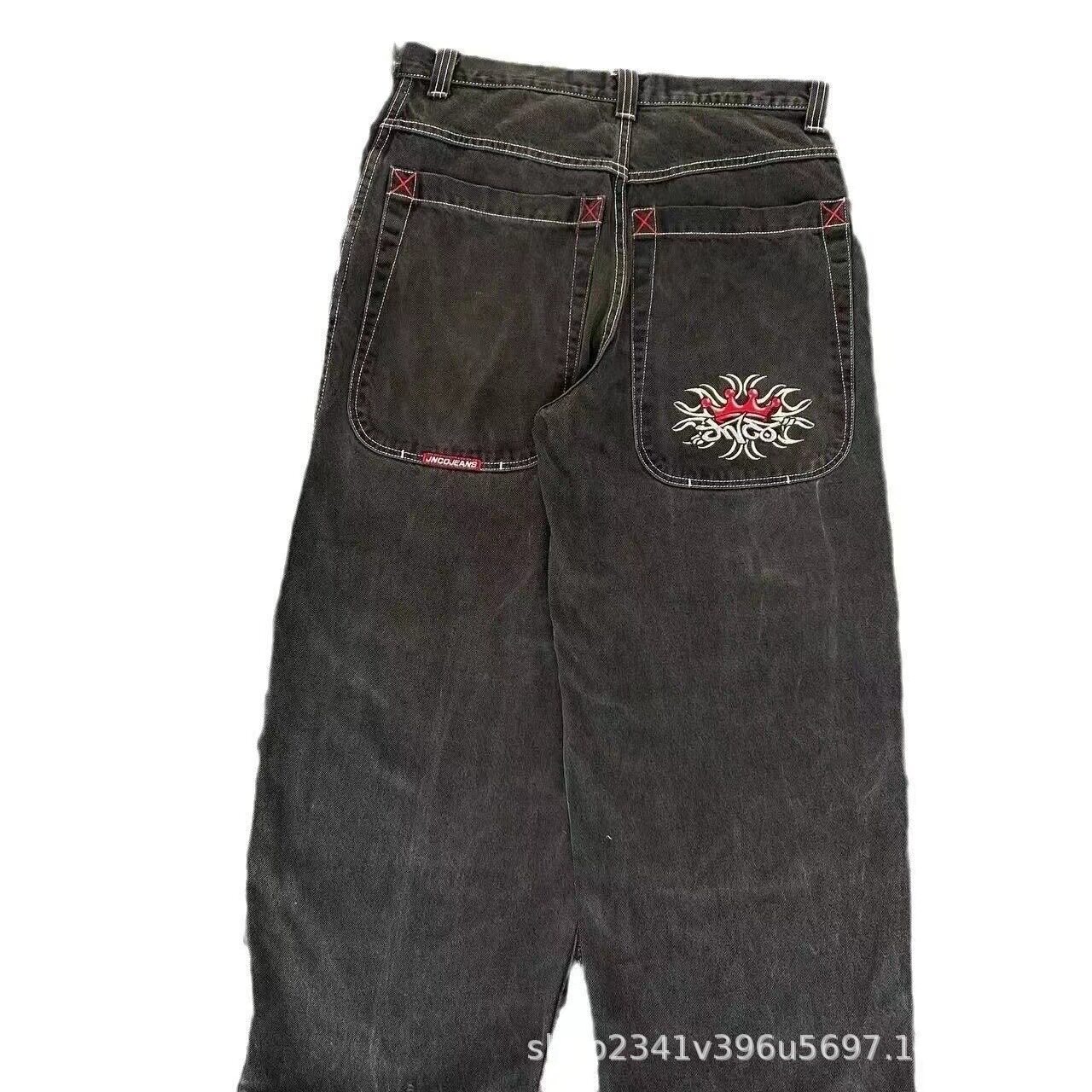 2024春秋季新款跨境美式潮牌复古水洗Y2K刺绣嘻哈图案男式牛仔裤