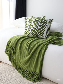 Nordic Pastoral Grass Green Knitted Blanket Bed End Towel Cover Blanket Sofa Decorative Blanket Solid Color. New Homestay