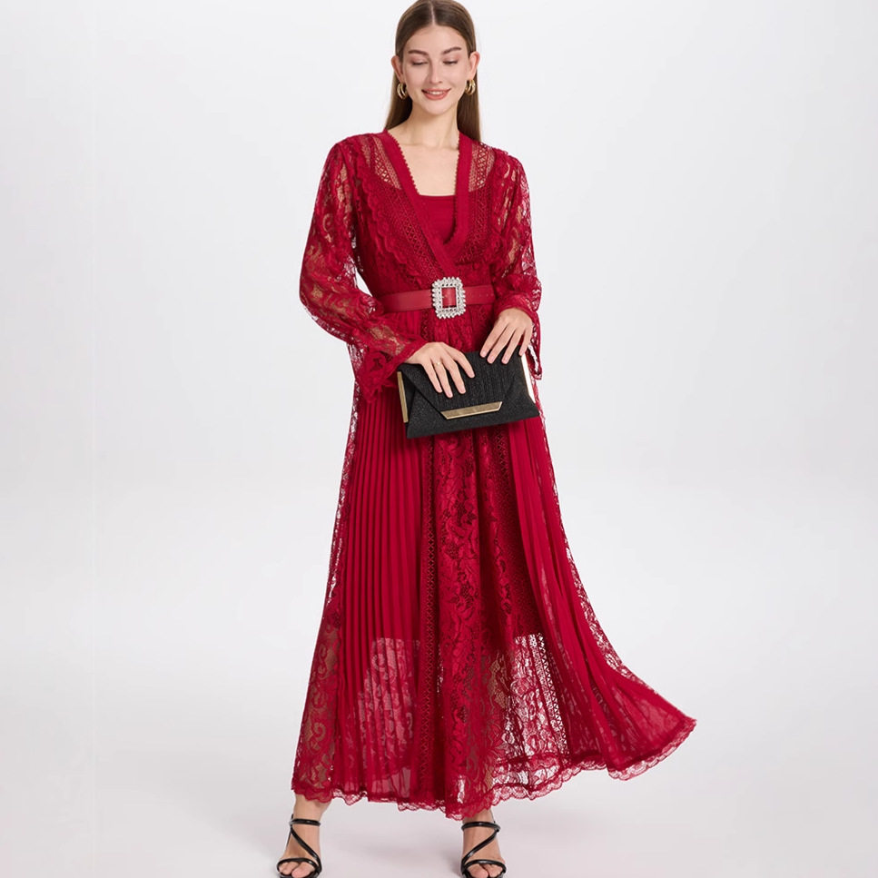 Elegant Lace V Neck Dress French Chic Waist Tie Pleated Skirt Long Sleeve Perfect for Autumn Events Wholesale