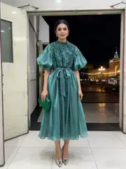 Retro Style Elegant Women's Long Dress for Banquets, 2026 Summer New Style Puff Sleeve Tie-Waist Dress for Women