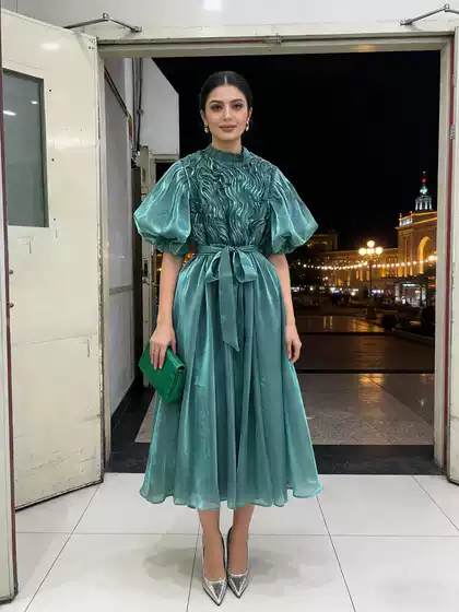 Retro Style Elegant Women's Long Dress for Banquets, 2026 Summer New Style Puff Sleeve Tie-Waist Dress for Women