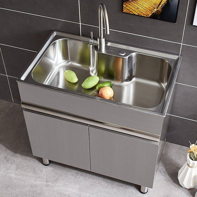 304 Stainless Steel Sink Cabinet Balcony Cabinet with Washboard Laundry Sink Wash Basin Cabinet Floor-Standing Bathroom Cabinet No