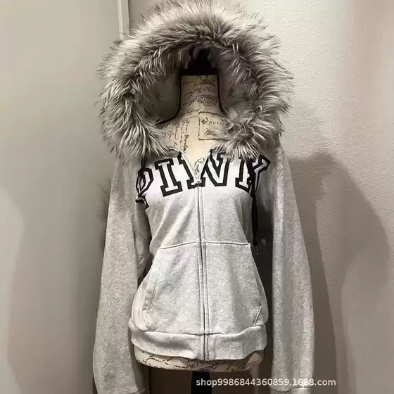 New Youth Trendy 2024 Hip Hop Furry Hat fleece-lined Zipper Sweater Jacket Top Grey Cardigan