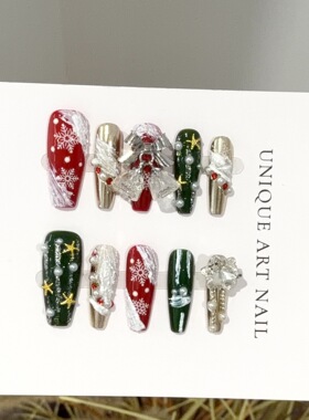圣诞节万圣节纯手工穿戴红绿色长款美甲片铃铛欧美雪花假指甲贴片