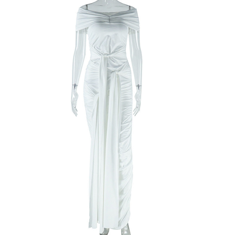Womens Elegant Solid Color Dress Off Shoulder Split Hem Flowing Ribbons Casual or Party Wear Wholesale Available