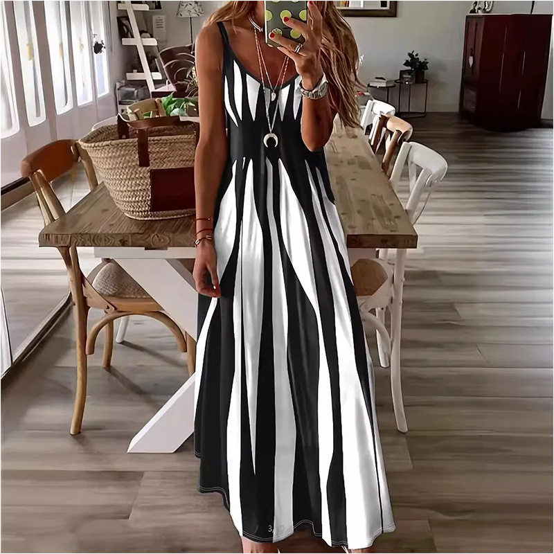 Casual Striped Sleeveless V Neck Dress Summer Fashion Vacation Style Lightweight Fabric Wholesale Available
