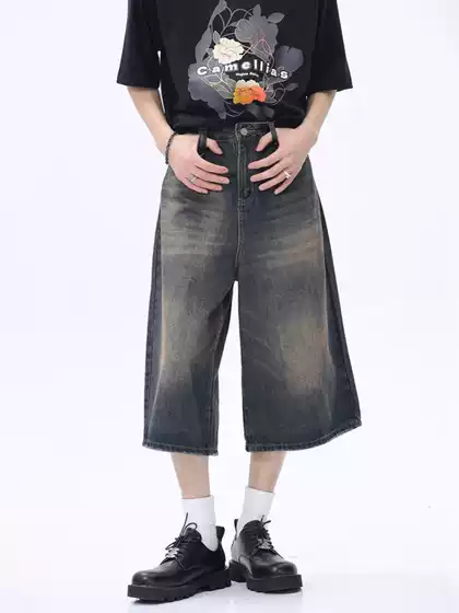 American Retro Loose Silhouette Washed Distressed Cropped Denim Shorts for Men Summer High Street Design Wide-Leg Mid-Pants