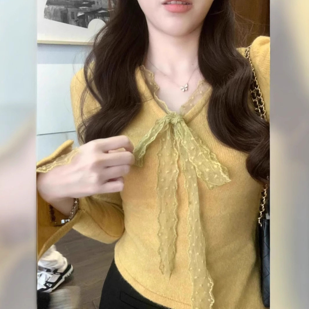 Apricot Lace Bow V Neck Long Sleeve T Shirt for Women Soft Fabric Irregular Hem Spring Layering Top
