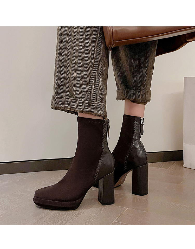 Boot nữ mũi nhọn gót thô cao 9cm cổ ngắn ôm chân phối da cừu — Lớp lót đơn màu đen, Lớp lót đơn màu nâu, Lót nhung đen, Lót nhung màu nâu