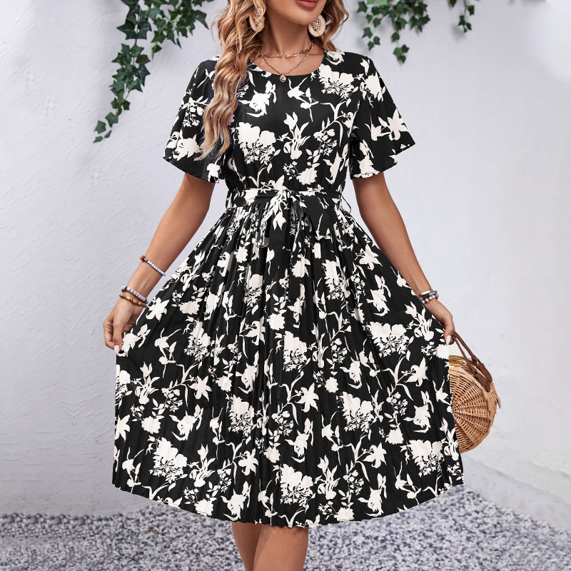 Floral Print A Line Dress Elegant Design Waist Defining Summer Style Perfect for Parties and Casual Outings