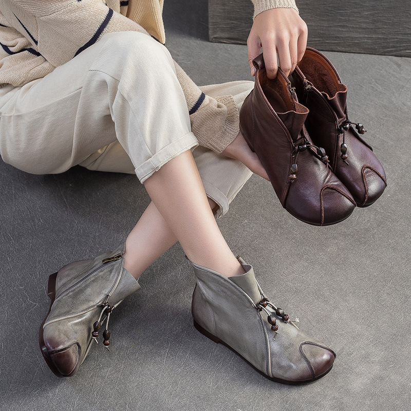 Giày Boot Cổ Thấp Nữ Chất Liệu Da Bò Hàng Mùa Xuân Thu Đông Phục Cổ Cổ Điển